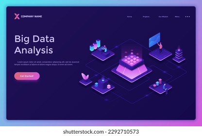 Big Data Analysis isometric landing page template. Structuration large volumes of information concept website design on purple background. 3d creative vector illustration for web page development