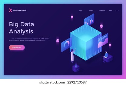 Big Data Analysis isometric landing page template. Digital dataset research. Info mining process in cyberspace vector illustration for webpage design. Web application development material