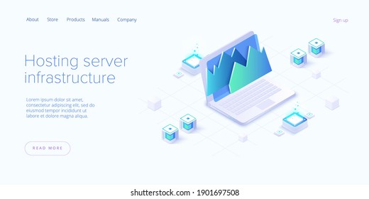 Big data analysis in isometric vector illustration. Abstract datacenter or data hosting server. Сomputer storage or workstation.