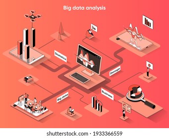 Big Data Analysis Isometric Web Banner. Collection And Analytics Of Business Statistics Info Flat Isometry Concept. Market Research 3d Scene Design. Vector Illustration With Tiny People Characters