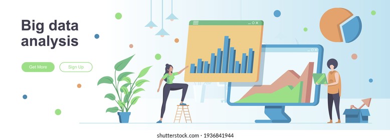Big Data Analysis Landing Seite mit Menschen Zeichen. Business Intelligence Plattform Web-Banner. Analytik Forschung Vektorgrafik. Flaches Konzept, ideal für Werbematerial in sozialen Medien.