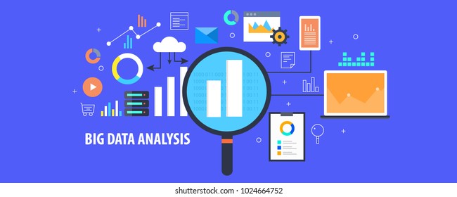 Big Data Analysis, Data Marketing, Data Insights Flat Vector Concept With Icons Isolated On Blue Background