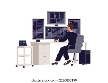 Big data analysis, monitor and management, information technology work. Administrator at computer with multiple-display, screen at datacenter. Flat vector illustration isolated on white background