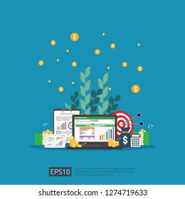 big data analysis on screen. SEO analytic or spreadsheet business audit with graphs and charts. Return on investment ROI concept. business to success. dollar stack pile coins and money bag.