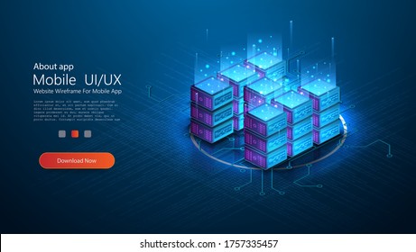 Big Data Analysis Processing Big Data Computing, Information Flow,digital Science Lab, Data Center. Modern Server Room Isometric Vector, Futuristic Technology Of Data Protection. Web Hosting Banner