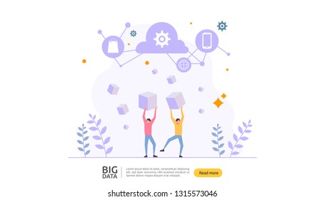 big data and analysis processing concept landing page template. cloud database service, server center room rack with interacting people character for banner, presentation, social or print media.