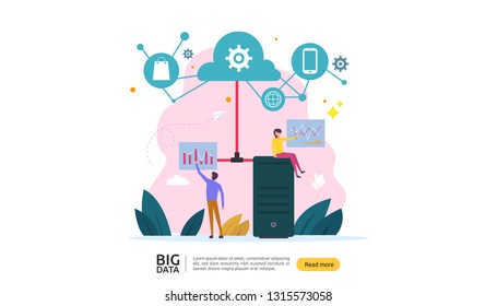 big data and analysis processing concept landing page template. cloud database service, server center room rack with interacting people character for banner, presentation, social or print media.