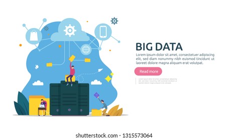 big data and analysis processing concept landing page template. cloud database service, server center room rack with interacting people character for banner, presentation, social or print media.