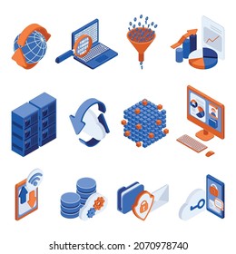 Big Data Analysis Processing Isometric Icons Set With Network Cloud And Graphic Analysis Symbols Isolated Vector Illustration