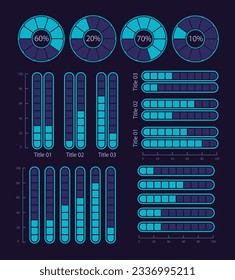 Big data analysis report infographic chart design template set for dark theme. Visual data presentation. Editable bar graphs and circular diagrams collection. Myriad Variable Concept font used