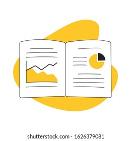 Big Data analysis, research, banking statistics, business data in the magazine or notebook, graph and chart, data study, analyzing financial figures on a graphs. Flat line vector illustration on white