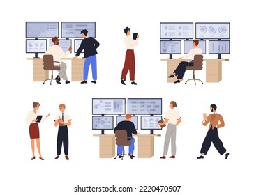 Big data analysis, science. Database information control, management, monitor and analytics concept. People work at multiple screen computer set. Flat vector illustrations isolated on white background