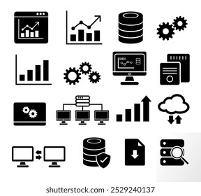 big data,  analysis, data server icon set (eps). cloud computing conceptual icons can be used in growth, chart, economy, data center, connection, protection, firewall, data security etc concept.	