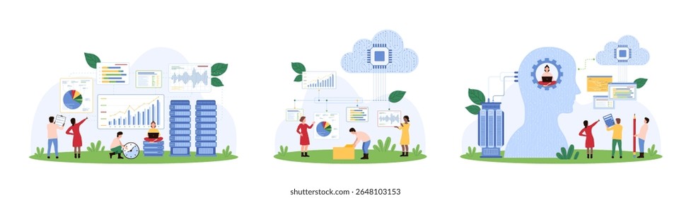 Conjunto de análise de Big Data. Pequenas pessoas pesquisam resultados de gráficos digitais e diagramas de informação, relatórios financeiros com conselhos de assistente de IA, usando o serviço de nuvem e banco de dados de servidor ilustração de vetor de desenho animado