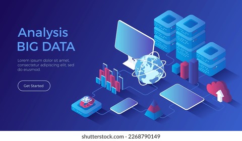 Big Data Analysis. Speicher, Maschinelle Lernalgorithmen, Analysieren, Verteilungsinformationen, Reporting zur Optimierung. Isometrische Landungsseite. Vektorwebbanner.