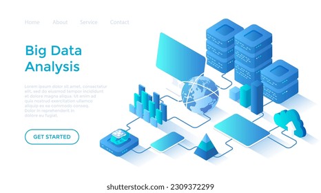 Big Data Analysis. Storage, Machine learning algorithms, Analyzing, Distribution Information, Reporting for optimization. Isometric illustration. Landing page template for web on white background.