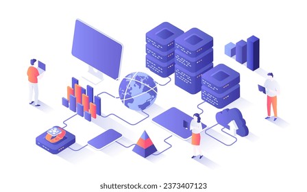 Análisis de Big Data. Almacenamiento, Algoritmos de aprendizaje automático, Análisis, Información de distribución, Reporting para optimización. Isometry ilustración with people scine for web graphic.