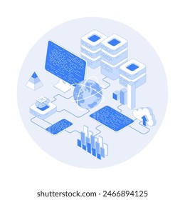 Big Data Analysis. Storage, Machine learning algorithms, Analyzing, Distribution Information, Reporting for optimization. Vector outline illustration with isometry scene for web graphic	