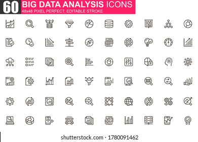 Big data analysis thin line icon set. Data processing outline pictograms for website and mobile app GUI. Digital analytics simple UI, UX vector icons. 48x48 pixel perfect linear pictogram pack.