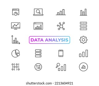 Big data analysis thin line icon set. Data processing outline pictograms for website and mobile app GUI. Digital analytics simple UI, UX vector icons
