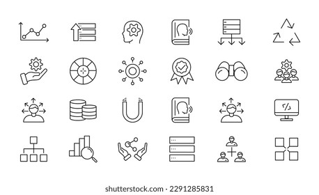 Big data analysis thin line icon set. Data processing outline pictograms for website and mobile app GUI. Digital analytics simple UI, UX vector icons
