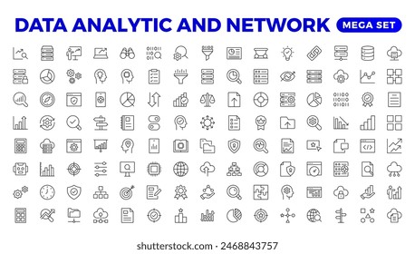 Conjunto de iconos de línea delgada de análisis de macrodatos. Pictogramas esquemáticos de procesamiento de datos para Sitio web y App móvil GUI. Iconos simples del vector de la interfaz de usuario, UX del análisis digital