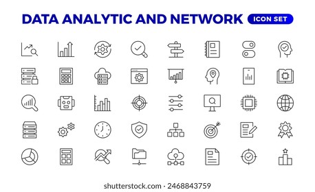 Conjunto de iconos de línea delgada de análisis de macrodatos. Pictogramas esquemáticos de procesamiento de datos para Sitio web y App móvil GUI. Iconos simples del vector de la interfaz de usuario, UX del análisis digital