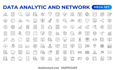 Big data analysis thin line icon set. Data processing outline pictograms for website and mobile app GUI. Digital analytics simple UI, UX vector icons