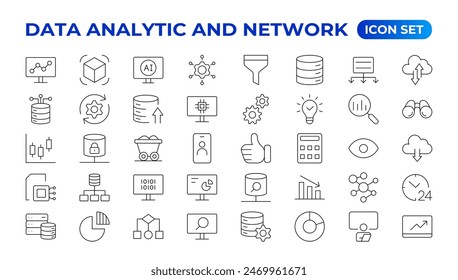 Big data analysis thin line icon set. Data processing outline pictograms for website and mobile app GUI. Digital analytics simple UI, UX vector icons