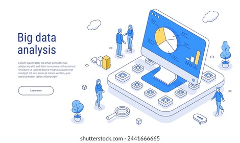 Big Data analysis tool outline isometric concept. Graph or diagram on a computer screen. Characters working together on project and analyzing report, graphs, charts and other corporate data.