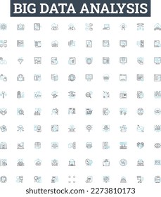 Big data analysis vector line icons set. Analytics, Mining, Storage, Patterns, Visualization, Machine-learning, Clustering illustration outline concept symbols and signs