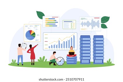 Análise de Big Data com banco de dados virtual, data center. Minúsculas pessoas pesquisam informações digitais, diagramas e gráficos em dashboard, processamento de dados e análise com ilustração de vetor de desenhos animados de software