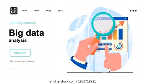 Big Data analysis web concept. Analysis of business statistics and development of growth strategy. Template of people scene. Vector illustration with character activities in flat design for website