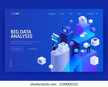 Big data analysis website landing page template. Abstract 3d datacenter. Network mainframe infrastructure. Computer storage or farming workstation. Isometric vector illustration.