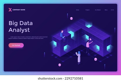 Big Data Analyst Job isometric landing page template. Specialists team controlling database structure for website design on purple. 3d creative vector illustration for web page development