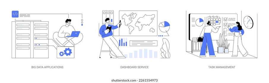 Big data analytics abstract concept vector illustration set. Big data applications, dashboard service, task management, online reporting, data metrics, database engineering abstract metaphor.