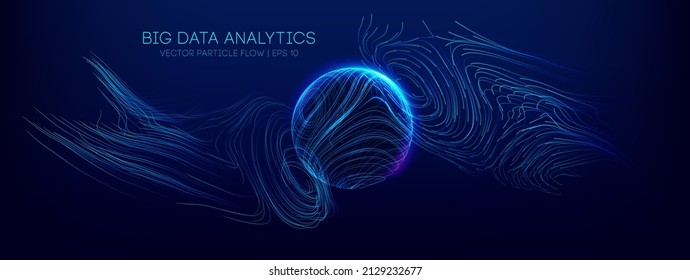 Análisis de grandes datos de fondo vectorial abstracto. Secuencia de datos de esfera vectorial 3d en estilo abstracto. Resumen del flujo de onda de fondo de la tecnología. Concepto de ciencia de datos. Análisis tecnológico. Negocios mundiales