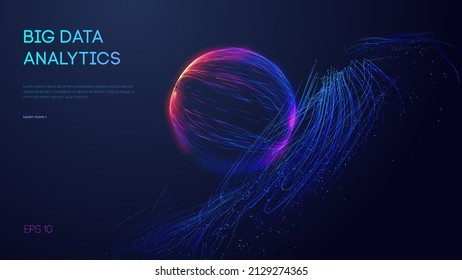 Big Data Analytics abstrakter Vektorhintergrund. 3D-Vektorsphäre-Datenstrom im abstrakten Stil. Abstrakte Technologie Hintergrund-Wellenfluss. Konzept der Datenwissenschaft. Technologieanalyse. Weltweites Geschäft