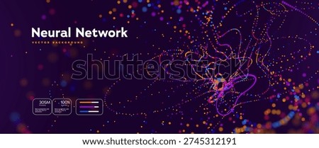 Big Data Analytics Background With Glowing Colorful Dots Forming Curved Lines. Artificial Intelligence Brain Abstract Background. Bigdata Streams Futuristic Concept. Vector Illustration.