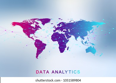 Big data analytics and business intelligence. Digital analytics concept with graph and charts. Financial schedule World Map infographic. Vector illustration