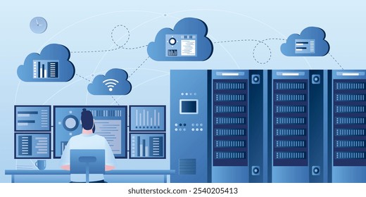 Análisis de Big Data y computación en la nube. Programador o analista masculino inteligente en el lugar de trabajo. Servidores y muchas pantallas de monitor con información. Tecnología inalámbrica y ciencia de datos. Ilustración vectorial plana