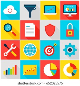 Big Data Analytics Colorful Icons. Vector Illustration. Business Statistics Set of Flat Rectangle Items with Long Shadow.