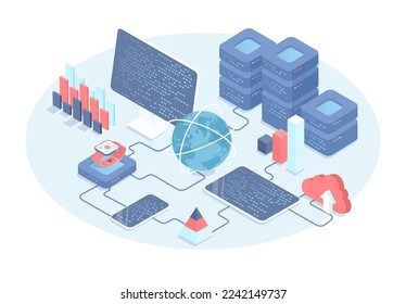 Big Data Analytics, Computing im Rechenzentrum. Überwachung und Prüfung des digitalen Prozesses. Datenübertragungstechnologie. Vektorgrafik im 3D-Design. Isometrischer Webbanner	
