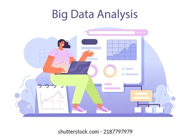 Big data analytics concept. Big data based development of business strategy. Digital information analysis and making report for optimization. Flat vector illustration