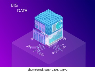 Big data and analytics concept with dashboards displaying information and data cube. 3d isometric vector illustration.
