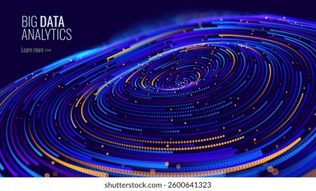 Big Data Analytics Concept with Futuristic Digital Swirl. AI, Machine Learning, and Data Processing Visualization. Perfect for Cloud Computing, Predictive Analytics and Business Intelligence. Vector.