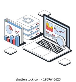 Big data analytics, graphs and charts, server storage. Vector 3d line isometric, color web icons, new flat style. Creative design idea for infographics.