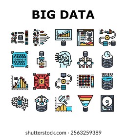 big data analytics hadoop icons set vector. spark nosql, machine learning datamining, visualization scalability, cloud, storage big data analytics hadoop color line illustrations