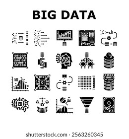 big data analytics hadoop icons set vector. spark nosql, machine learning datamining, visualization scalability, cloud, storage big data analytics hadoop glyph pictogram Illustrations