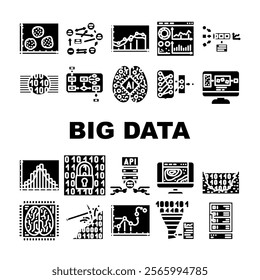 big data analytics hadoop icons set vector. spark nosql, machinelearning datamining, visualization scalability, cloud big data analytics hadoop glyph pictogram Illustrations